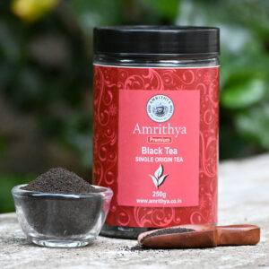 “Amrithya Premium CTC Black Tea – strong, brisk blend with bold taste, refreshing aroma, and energizing flavour packed with natural goodness.”
