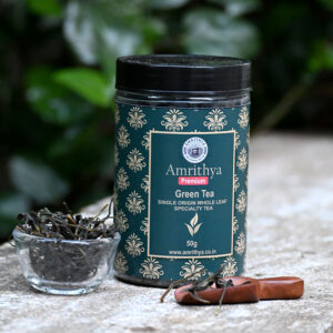 Amrithya Premium Whole Leaf Green Tea – 100% unbroken whole leaves with delicate floral aroma, smooth refreshing taste, and rich natural antioxidants.